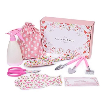 TINYFS Floral Garden Tool Set, 8 Pieces Gardening Gifts for Women with Trowel Pruner Shears Sprayer Succulent Hand Tools Gardener Gloves& Storage Bag, Pink