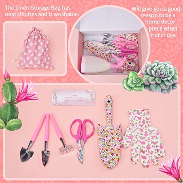 TINYFS Floral Garden Tool Set, 8 Pieces Gardening Gifts for Women with Trowel Pruner Shears Sprayer Succulent Hand Tools Gardener Gloves& Storage Bag, Pink