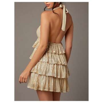 SHENHE Women's Glitter Sequin Halter Dress Deep V Backless Sparkle Party Night Flapper Dress Champag...