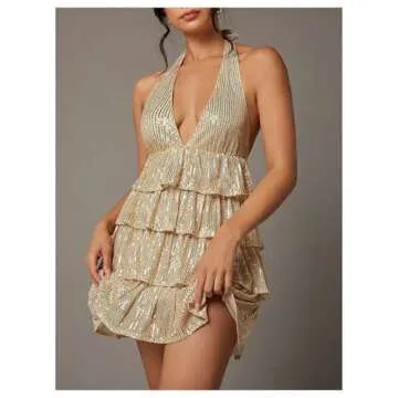 SHENHE Women's Glitter Sequin Halter Dress Deep V Backless Sparkle Party Night Flapper Dress Champagne Small