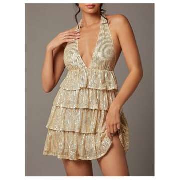 SHENHE Women's Glitter Sequin Halter Dress Deep V Backless Sparkle Party Night Flapper Dress Champagne Small