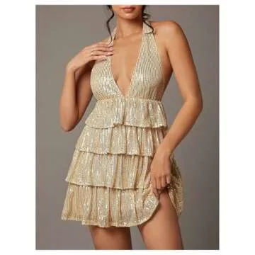 SHENHE Women's Glitter Sequin Halter Dress Deep V Backless Sparkle Party Night Flapper Dress Champagne Small