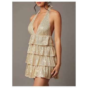 SHENHE Women's Glitter Sequin Halter Dress Deep V Backless Sparkle Party Night Flapper Dress Champagne Small