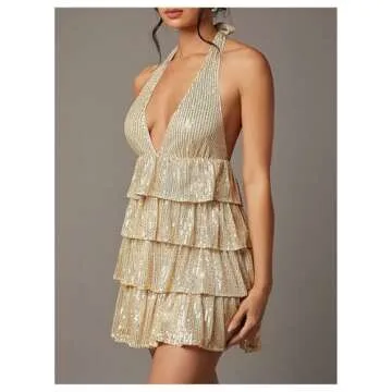 SHENHE Women's Glitter Sequin Halter Dress Deep V Backless Sparkle Party Night Flapper Dress Champagne Small
