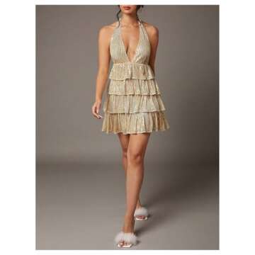 SHENHE Women's Glitter Sequin Halter Dress Deep V Backless Sparkle Party Night Flapper Dress Champagne Small