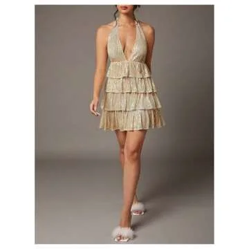 SHENHE Women's Glitter Sequin Halter Dress Deep V Backless Sparkle Party Night Flapper Dress Champagne Small