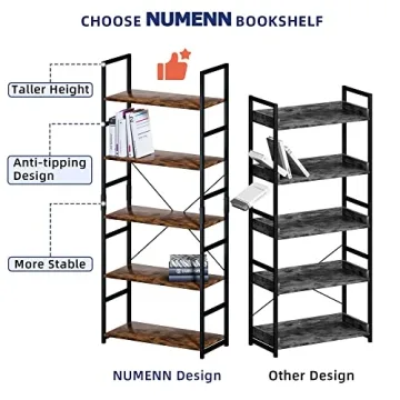 NUMENN 5 Tier Bookshelf - Stylish Storage Organizer