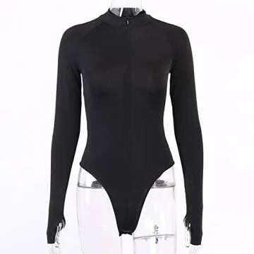 GEMBERA Women's Front Zip Bodycon Bodysuit Stylish & Chic