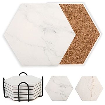 LotFancy Coasters for Drinks Absorbent, 6 Pcs Hexagon Ceramic Coasters with Holder, White Marble Coa...