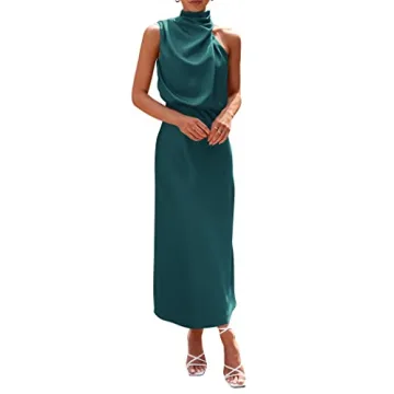 PRETTYGARDEN Women's 2025 Summer Satin Dress - Elegant Sleeveless Mock Neck Cocktail Party Maxi