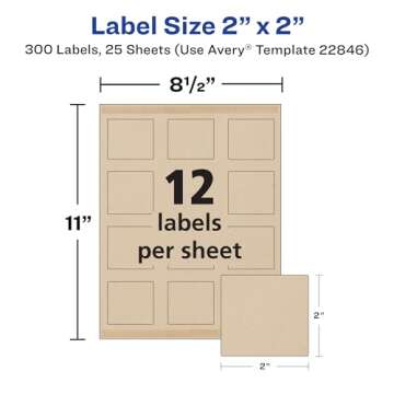Avery Kraft Brown Square Labels with Sure Feed Technology, 2" x 2", Print to The Edge, Laser/Inkjet Printable Labels, 300 Total (22846)