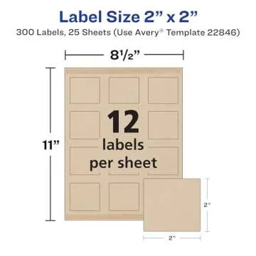 Avery Kraft Brown Square Labels with Sure Feed Technology, 2" x 2", Print to The Edge, Laser/Inkjet Printable Labels, 300 Total (22846)