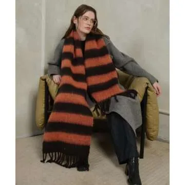 MININAI Women's Fall Winter Chunky Scarves Big Thick Warm Knit Blanket Scarf Long Oversized Striped Tassel Shawls Wraps (Orange Black)
