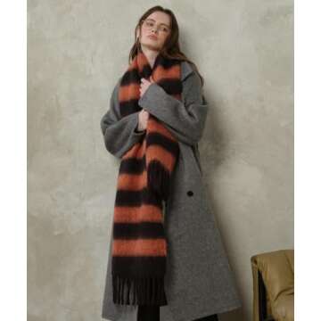 MININAI Women's Fall Winter Chunky Scarves Big Thick Warm Knit Blanket Scarf Long Oversized Striped Tassel Shawls Wraps (Orange Black)