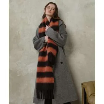 MININAI Women's Fall Winter Chunky Scarves Big Thick Warm Knit Blanket Scarf Long Oversized Striped Tassel Shawls Wraps (Orange Black)