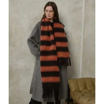 MININAI Women's Fall Winter Chunky Scarves Big Thick Warm Knit Blanket Scarf Long Oversized Striped Tassel Shawls Wraps (Orange Black)