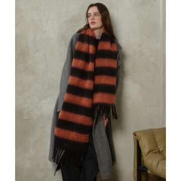 MININAI Women's Fall Winter Chunky Scarves Big Thick Warm Knit Blanket Scarf Long Oversized Striped Tassel Shawls Wraps (Orange Black)