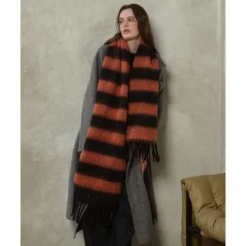 MININAI Women's Fall Winter Chunky Scarves Big Thick Warm Knit Blanket Scarf Long Oversized Striped Tassel Shawls Wraps (Orange Black)