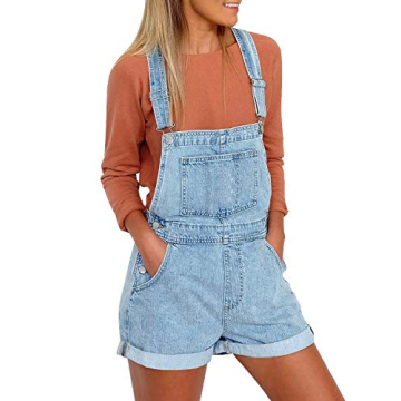 Luvamia Women's Casual Adjustable Straps Cuffed Hem Denim Bib Overalls Shorts