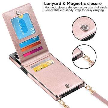 Vofolen for iPhone 12 Pro Max Case Wallet with Card Holder Crossbody Lanyard Strap Magnetic Clasp Heavy Duty Protective Leather Flip Folio Wallet Case for iPhone 12 Pro Max for Women Rose Gold