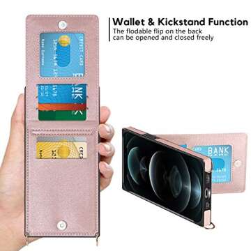 Vofolen for iPhone 12 Pro Max Case Wallet with Card Holder Crossbody Lanyard Strap Magnetic Clasp Heavy Duty Protective Leather Flip Folio Wallet Case for iPhone 12 Pro Max for Women Rose Gold