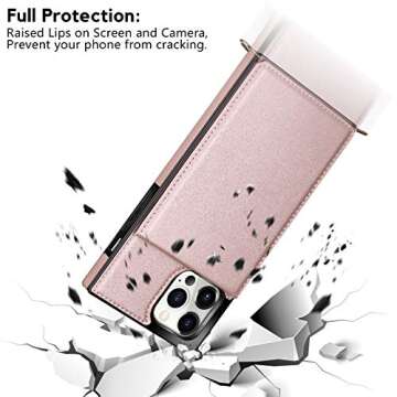 Vofolen for iPhone 12 Pro Max Case Wallet with Card Holder Crossbody Lanyard Strap Magnetic Clasp Heavy Duty Protective Leather Flip Folio Wallet Case for iPhone 12 Pro Max for Women Rose Gold