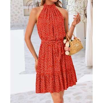 BTFBM Women 2025 Halter Neck Summer Dresses Casual Sleeveless Floral Polka Dot Print Ruffle Mini Boh...