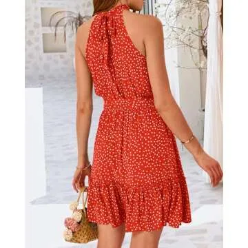 BTFBM Women 2025 Halter Neck Summer Dresses Casual Sleeveless Floral Polka Dot Print Ruffle Mini Boho Beach Sun Dress(Polka Dot Red, X-Large)