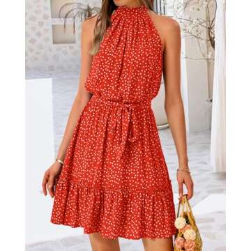 BTFBM Women 2025 Halter Neck Summer Dresses Casual Sleeveless Floral Polka Dot Print Ruffle Mini Boho Beach Sun Dress(Polka Dot Red, X-Large)