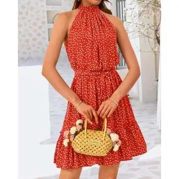 BTFBM Women 2025 Halter Neck Summer Dresses Casual Sleeveless Floral Polka Dot Print Ruffle Mini Boho Beach Sun Dress(Polka Dot Red, X-Large)