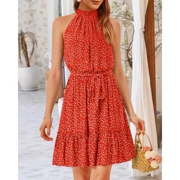BTFBM Women 2025 Halter Neck Summer Dresses Casual Sleeveless Floral Polka Dot Print Ruffle Mini Boho Beach Sun Dress(Polka Dot Red, X-Large)