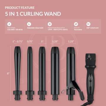 Bombay Hair Curling Wand Set 5 in 1 Curling Wand, Professional Curling Iron Tourmaline Kit & Salon Beauty Tools Interchangeable - Heat Resistant Glove & Temperature Control