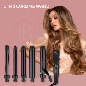 Bombay Hair Curling Wand Set 5 in 1 Curling Wand, Professional Curling Iron Tourmaline Kit & Salon Beauty Tools Interchangeable - Heat Resistant Glove & Temperature Control