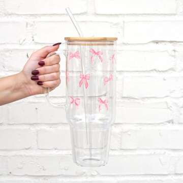 Sip Sip Hooray 40oz Dainty Pink Vintage Bows Coquette Inspired Aesthetic Glass Tumbler with Lid and ...