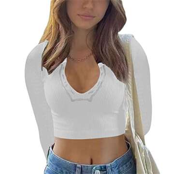 Women Knit Long Sleeve Crop Tops V Neck Ribbed Slim Fit Tee T Shirt Sexy Blouses Retro Going Out Streetwear (A-White,Small)