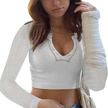 Women Knit Long Sleeve Crop Tops V Neck Ribbed Slim Fit Tee T Shirt Sexy Blouses Retro Going Out Streetwear (A-White,Small)