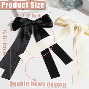 Large Hair Ribbons and Barrettes Set - 2 PCS Bow Ribbons, Hair Bows, Hair Clips (Beige Black)