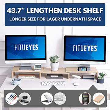FITUEYES Dual Monitor Stand – 3 Shelf Computer Monitor Riser, Wood Desktop Stand with Adjustable Length and Angle, Desk Accessories, Office Supplies Light Oak, DT111106WO