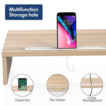 FITUEYES Dual Monitor Stand – 3 Shelf Computer Monitor Riser, Wood Desktop Stand with Adjustable Length and Angle, Desk Accessories, Office Supplies Light Oak, DT111106WO