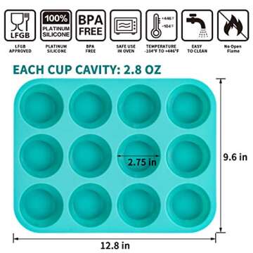 CAKETIME Silicone Muffin Pan Set, Cupcake Pans 12 Cups Silicone Baking Molds, Food Grade, Pinch Test Approved, Pack of 2