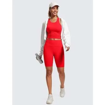 CRZ YOGA Womens Seamless Ribbed Longline High Neck Sports Bra - Racerback Padded Slim Fit Crop Tank Top with Built in Pads Deep Red Medium