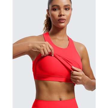 CRZ YOGA Womens Seamless Ribbed Longline High Neck Sports Bra - Racerback Padded Slim Fit Crop Tank Top with Built in Pads Deep Red Medium