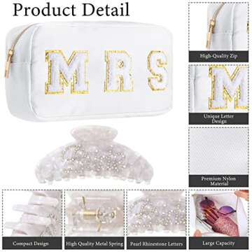 2 Pcs Bride to Be Gift Bride Makeup Bag Mrs Makeup Bag Hair Claw Clip Engagement Bridal Shower Gifts for Bachelorette Wedding(MRS)