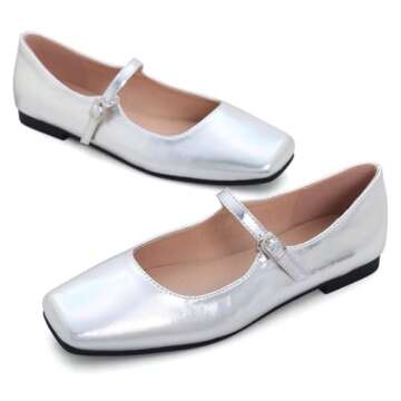 LUXINYU Women Mary Jane Shoes Leather Flats Adjustable Ankle Strap Square Toe Ballet Dance Shoes Comfortable School Uniform Shoes,Silver 10a