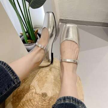 LUXINYU Women Mary Jane Shoes Leather Flats Adjustable Ankle Strap Square Toe Ballet Dance Shoes Comfortable School Uniform Shoes,Silver 10a