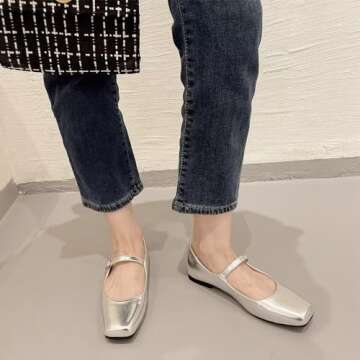 LUXINYU Women Mary Jane Shoes Leather Flats Adjustable Ankle Strap Square Toe Ballet Dance Shoes Comfortable School Uniform Shoes,Silver 10a