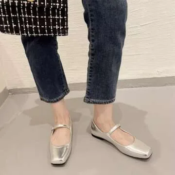 LUXINYU Women Mary Jane Shoes Leather Flats Adjustable Ankle Strap Square Toe Ballet Dance Shoes Comfortable School Uniform Shoes,Silver 10a