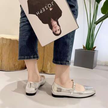 LUXINYU Women Mary Jane Shoes Leather Flats Adjustable Ankle Strap Square Toe Ballet Dance Shoes Comfortable School Uniform Shoes,Silver 10a