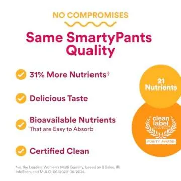 SmartyPants Women's Multivitamin Gummies - Improved Formula: Omega 3 (DHA/EPA), Methylfolate, CoQ10, Vitamin D3, C, Vitamin B12, B6, A, K & Zinc, Inositol, Gluten Free, 90 Count (30 Day Supply)