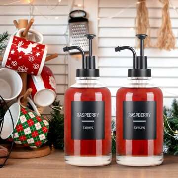 GYOSUGANG 4PCS Coffee Syrup Dispenser, Glass Syrup Dispenser for Coffee Bar w. Labels and Pump, 16.9...